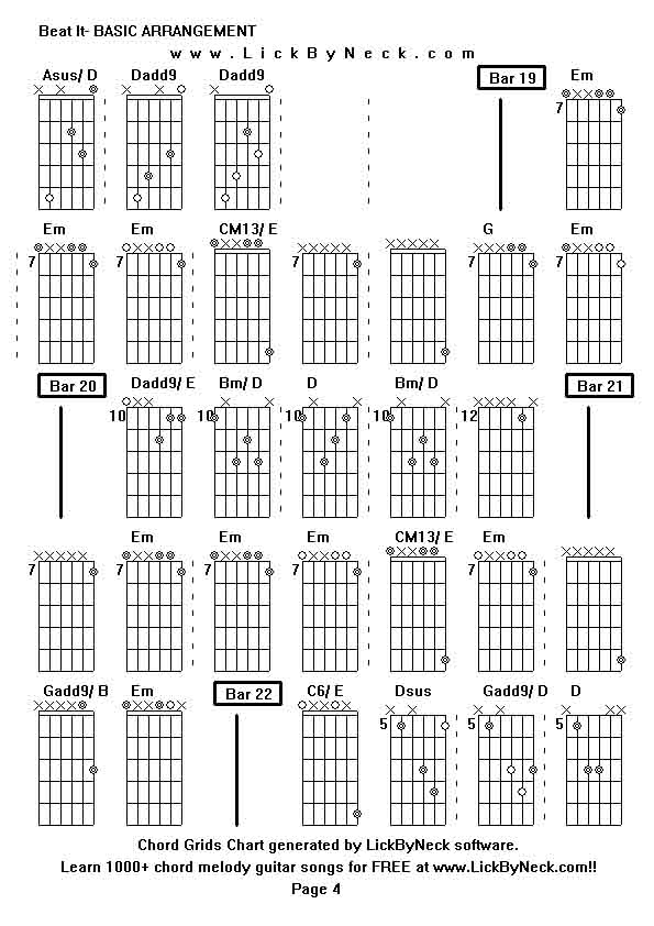 Chord Grids Chart of chord melody fingerstyle guitar song-Beat It- BASIC ARRANGEMENT,generated by LickByNeck software.